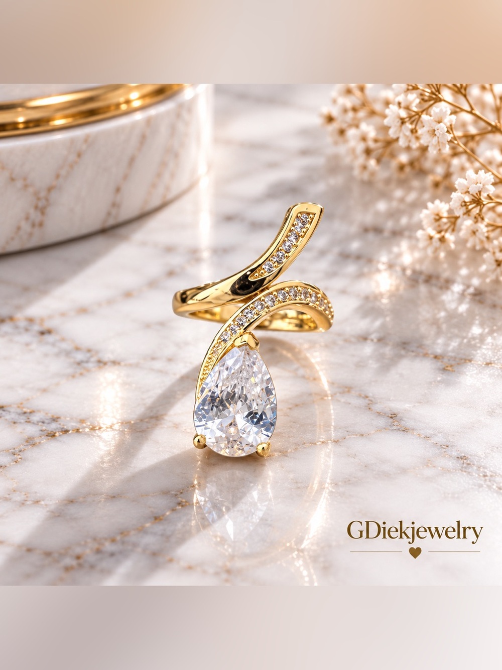 Gold Filled Adjustable Teardrop Cubic Zirconia Ring